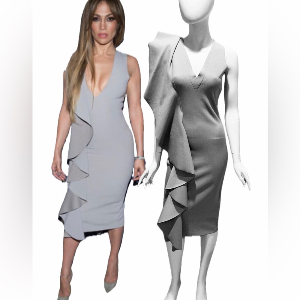 Solace London Ceara V-Neck Sleeveless Ponte Ruffle Sheath Party sz 4 MSRP 610.00